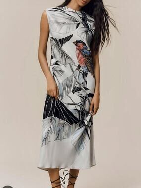 Maeve Anthropologie Bird Tropical Print Mock Neck Midi Slip Dress NWT Size S